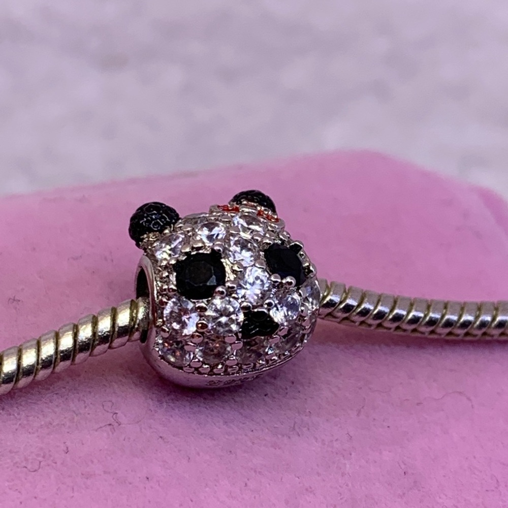 Sterling silver panda bear black onyx CZ charm bead